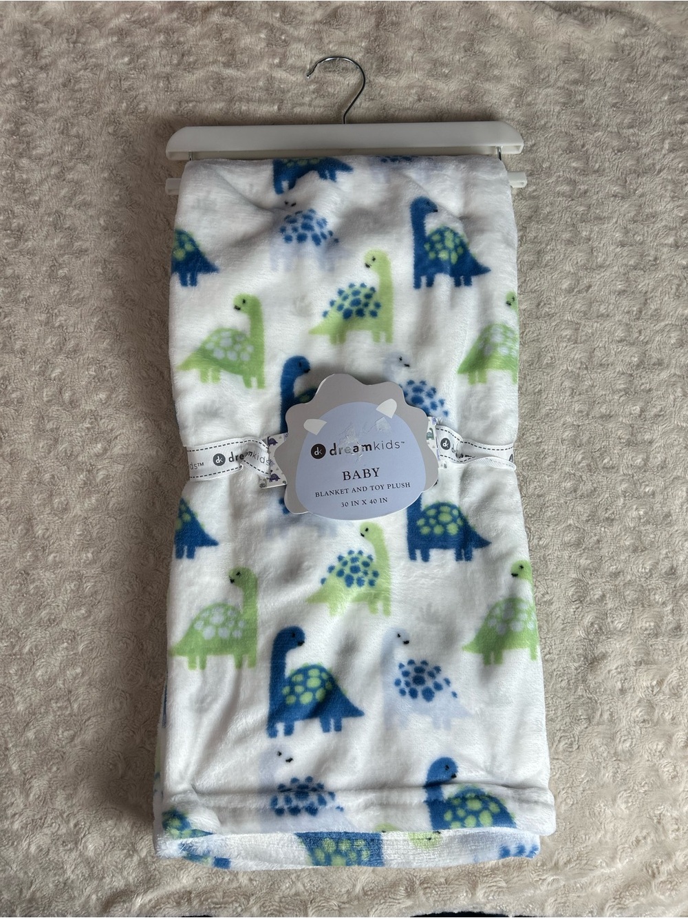 Dream Kids Dinosaur Baby Blanket Blue Green Gray White Plush Soft Dino